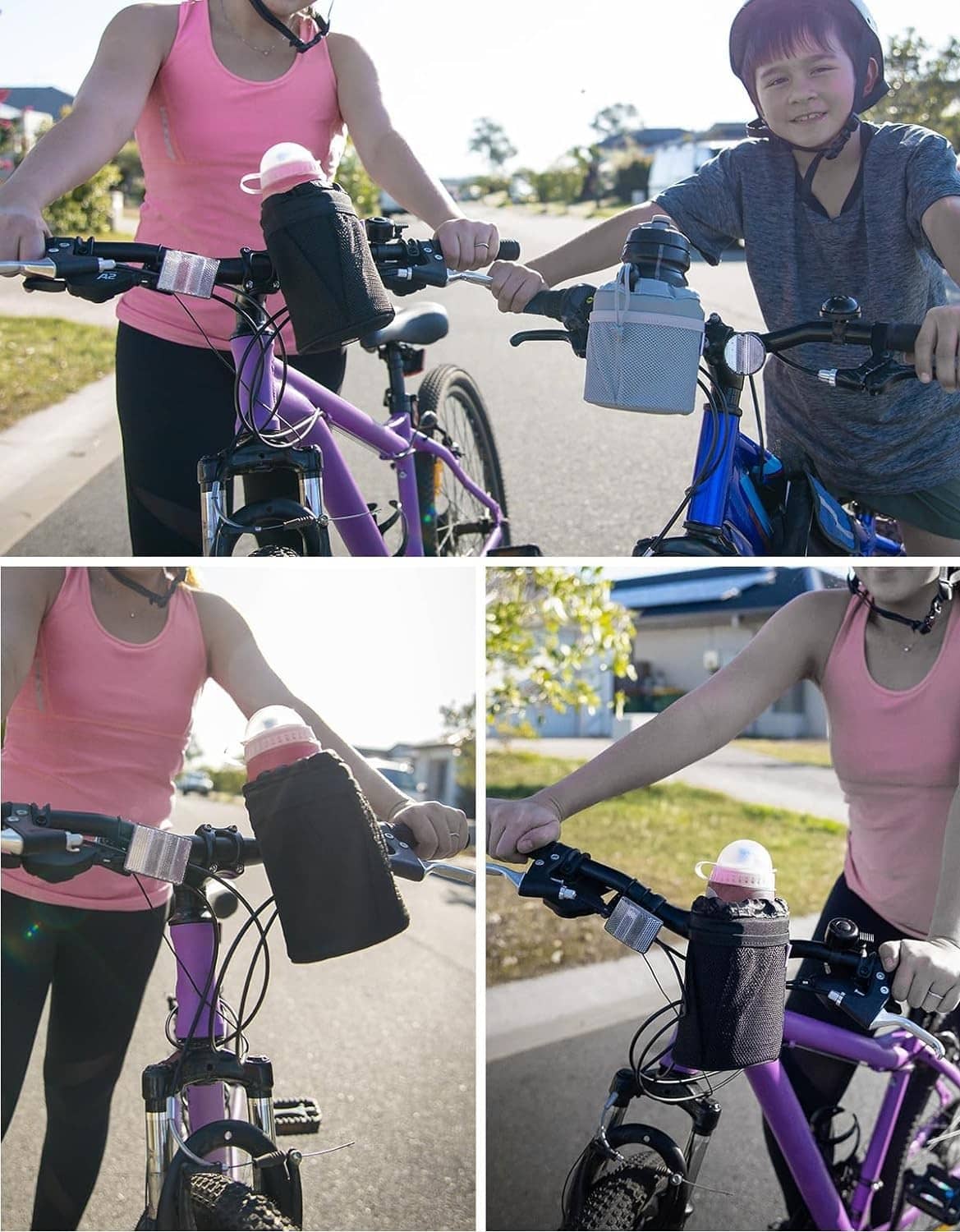 Black oxford cup holder attached to handlebar with clamp mount hardware