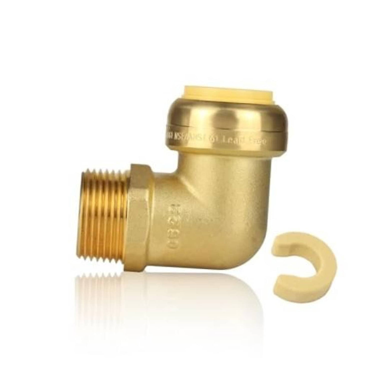 Brass push-fit elbow fitting with male NPT threads and push-to-connect end