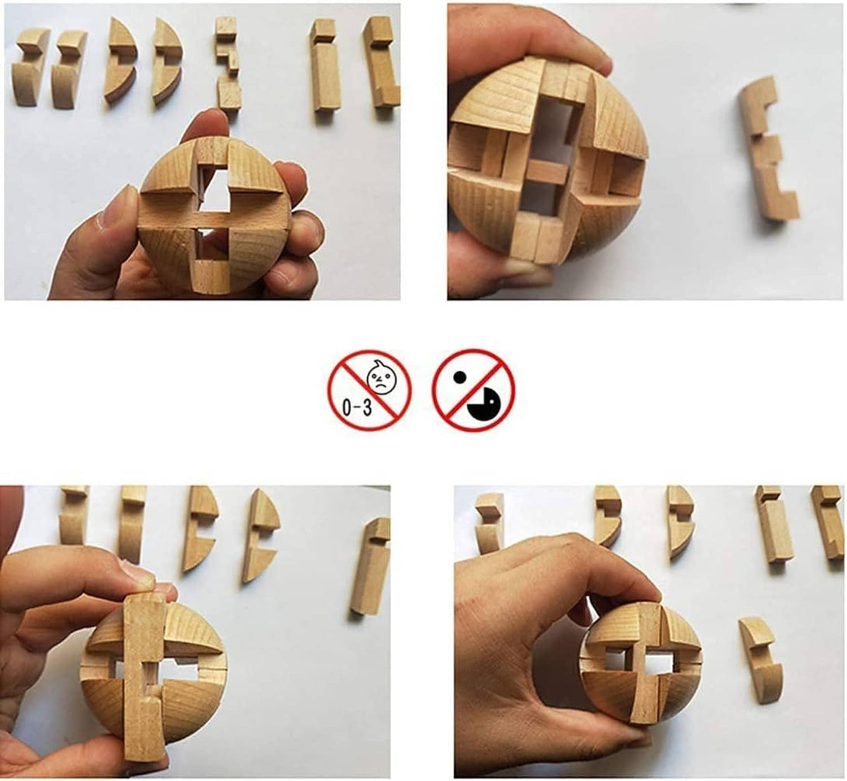 Hand-held wooden puzzle sphere being rotated with small interlocking pieces