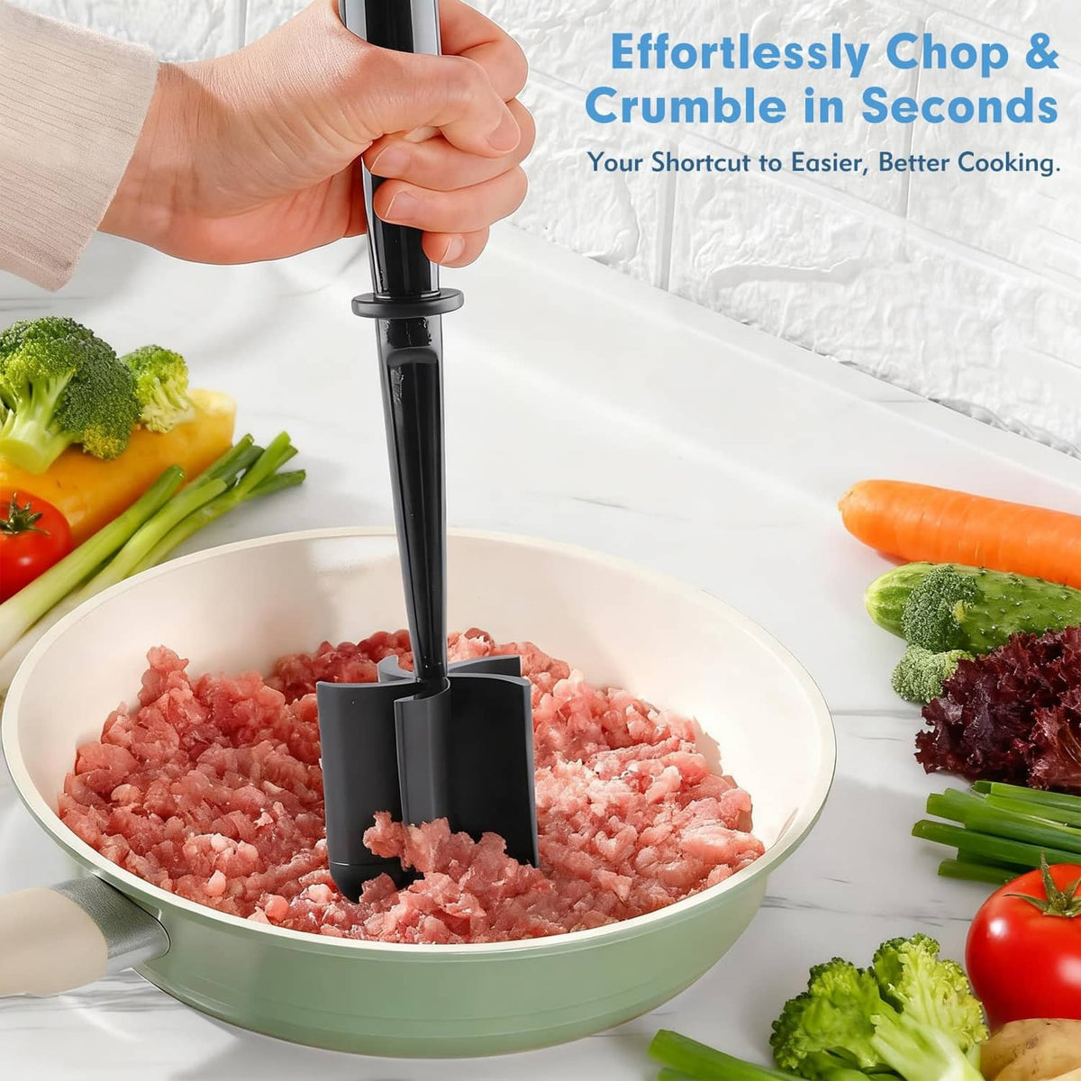 Black meat chopper mashing ground meat in a bowl with five curved blades