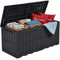 Dark gray outdoor deck storage box with open lid and ribbed panel design