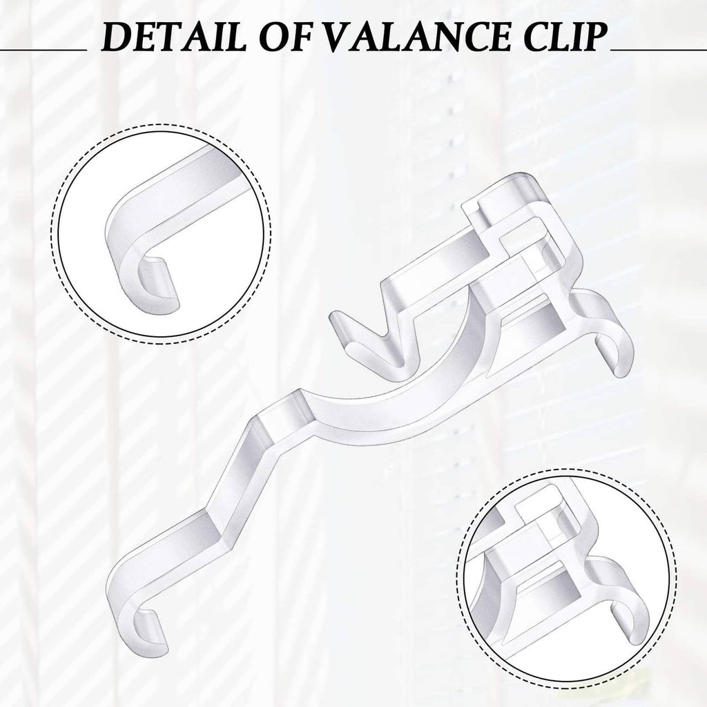 Close-up detail of clear plastic valance clips with hook and locking tabs