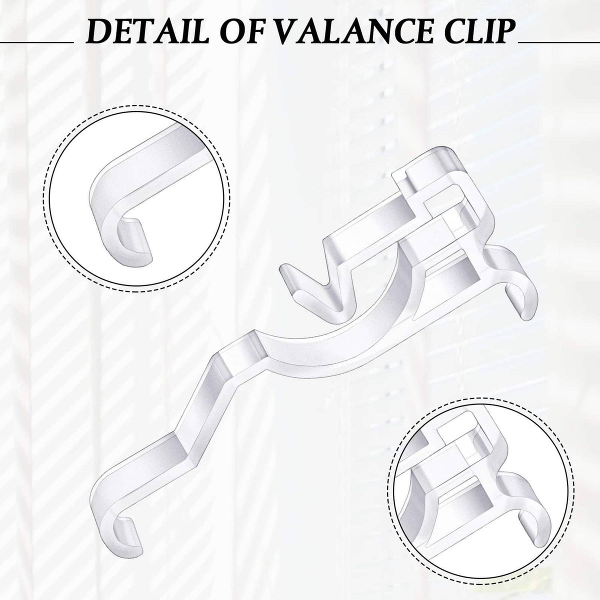 Close-up detail of clear plastic valance clips with hook and locking tabs
