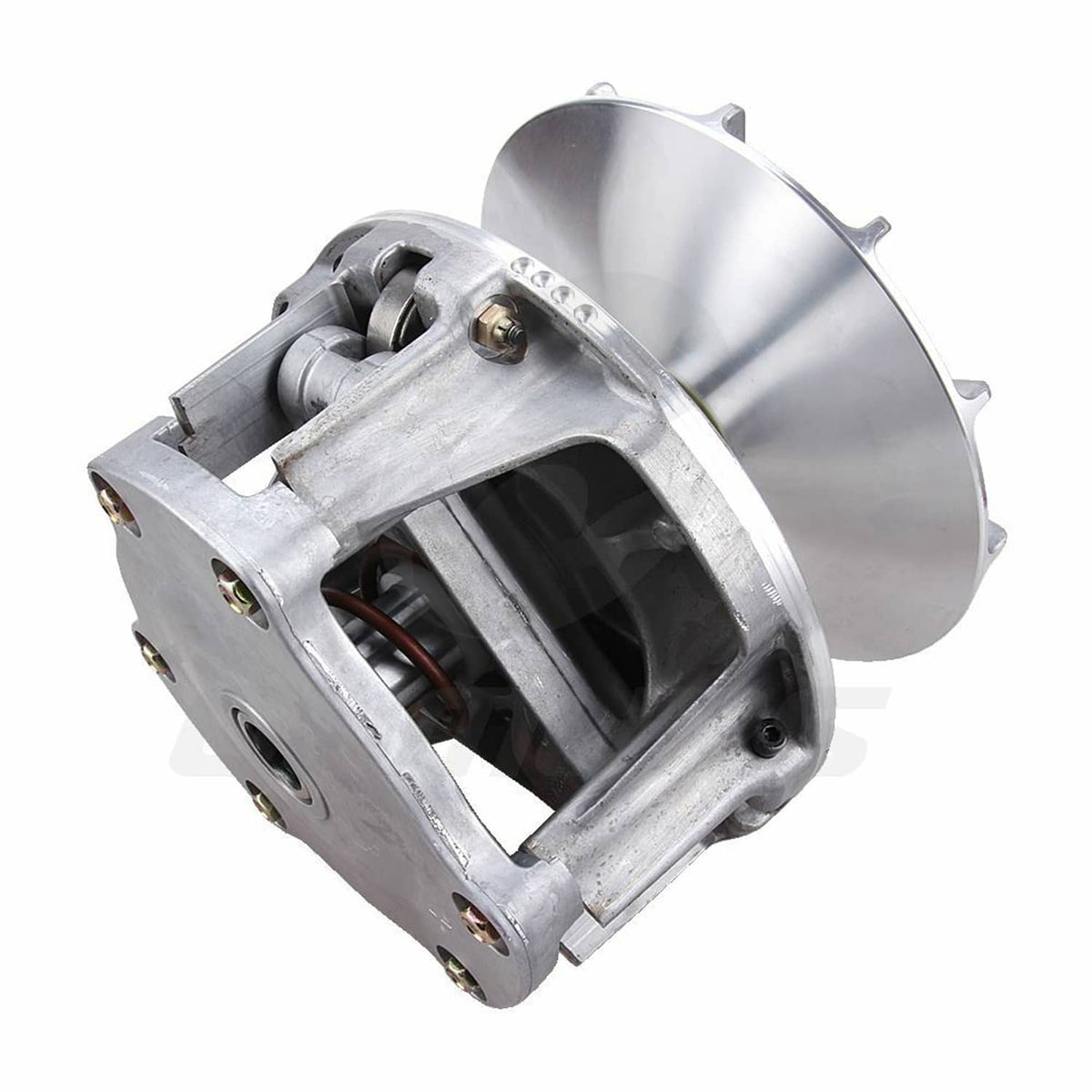 Primary drive clutch with metal casing, open side window, and circular outer cover
