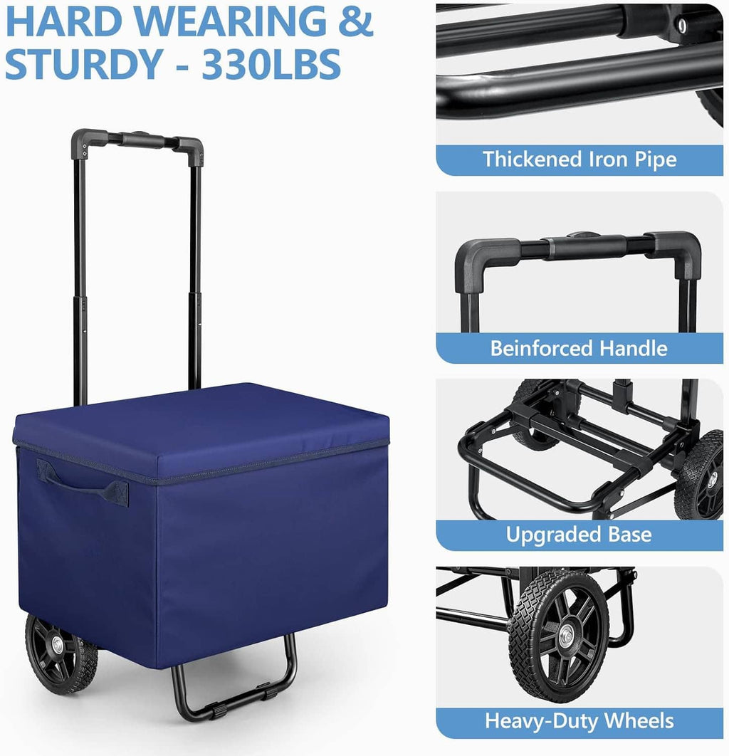 Blue heavy-duty folding shopping cart with reinforced handle and upgraded base