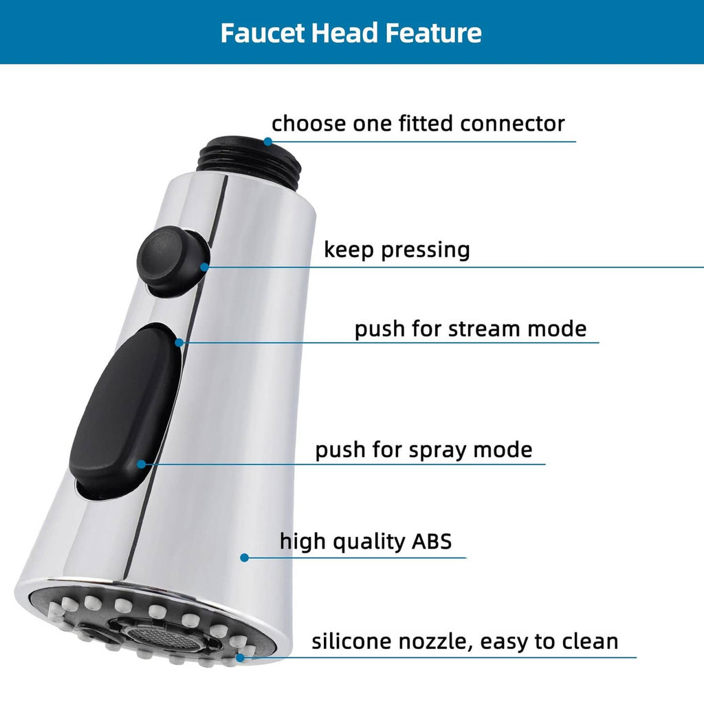 Universal chrome faucet head with black buttons and silicone nozzle for spray modes