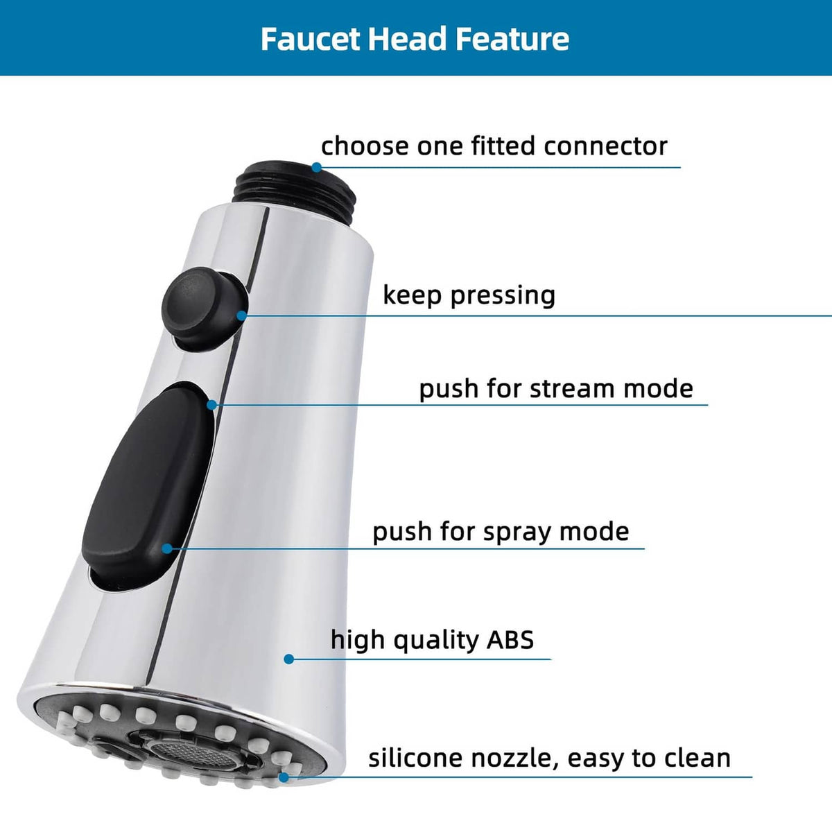 Universal chrome faucet head with black buttons and silicone nozzle for spray modes