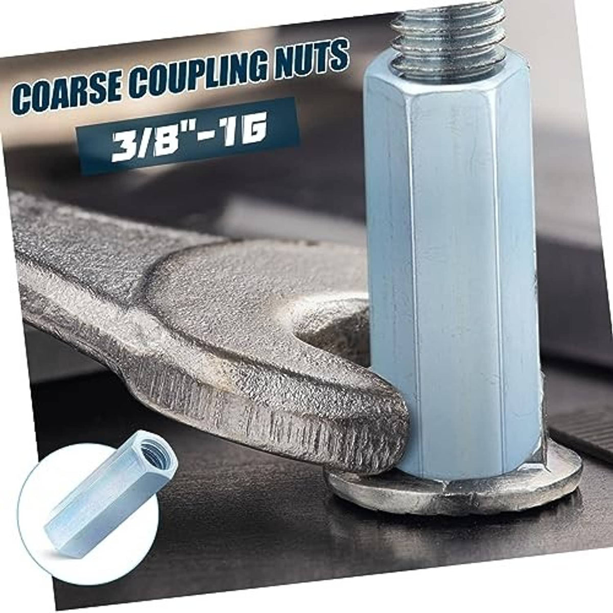 Zinc-plated coarse coupling nut on metal surface, visible internal threads and hex