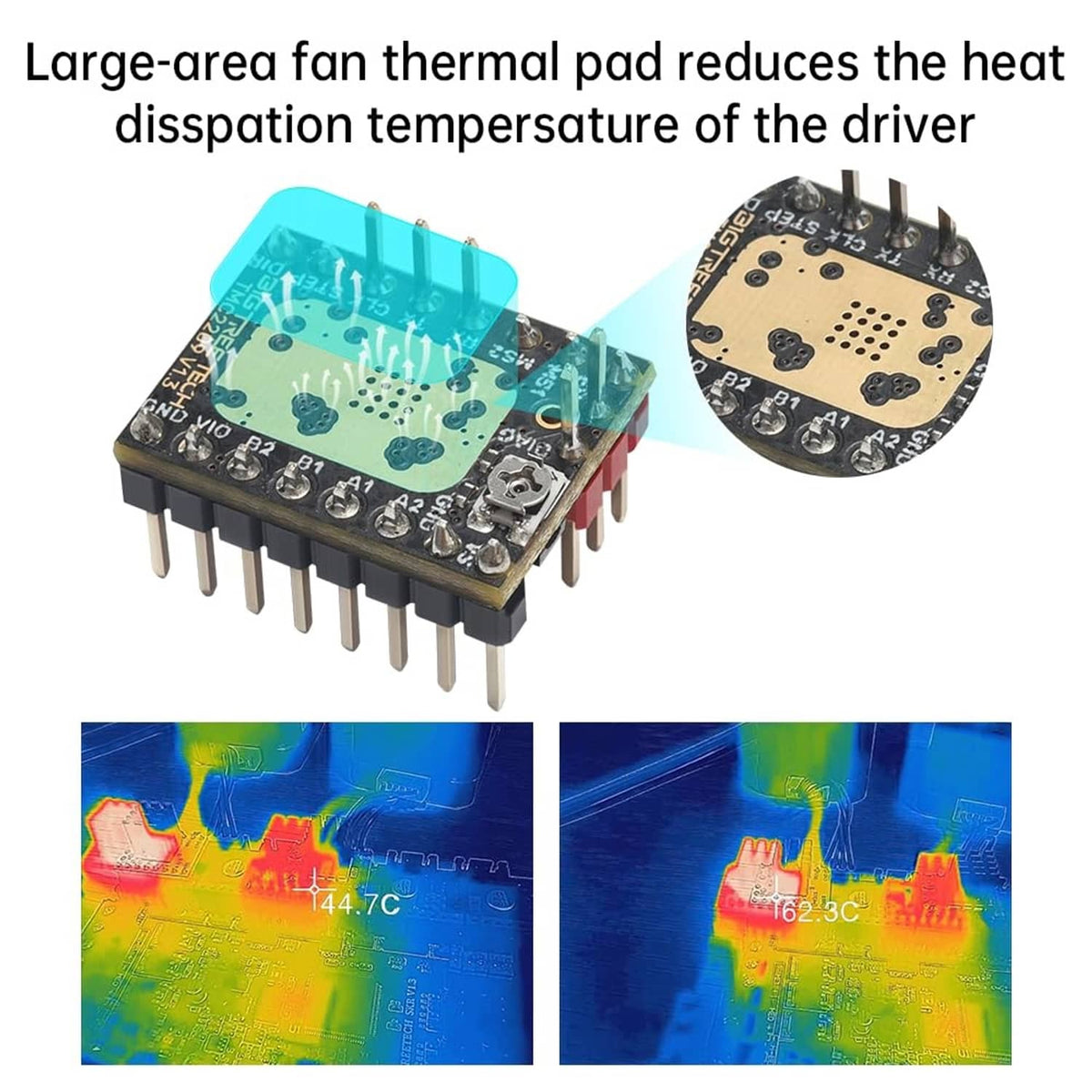 Stepper motor driver module with large thermal pad area and blue heatsink detail