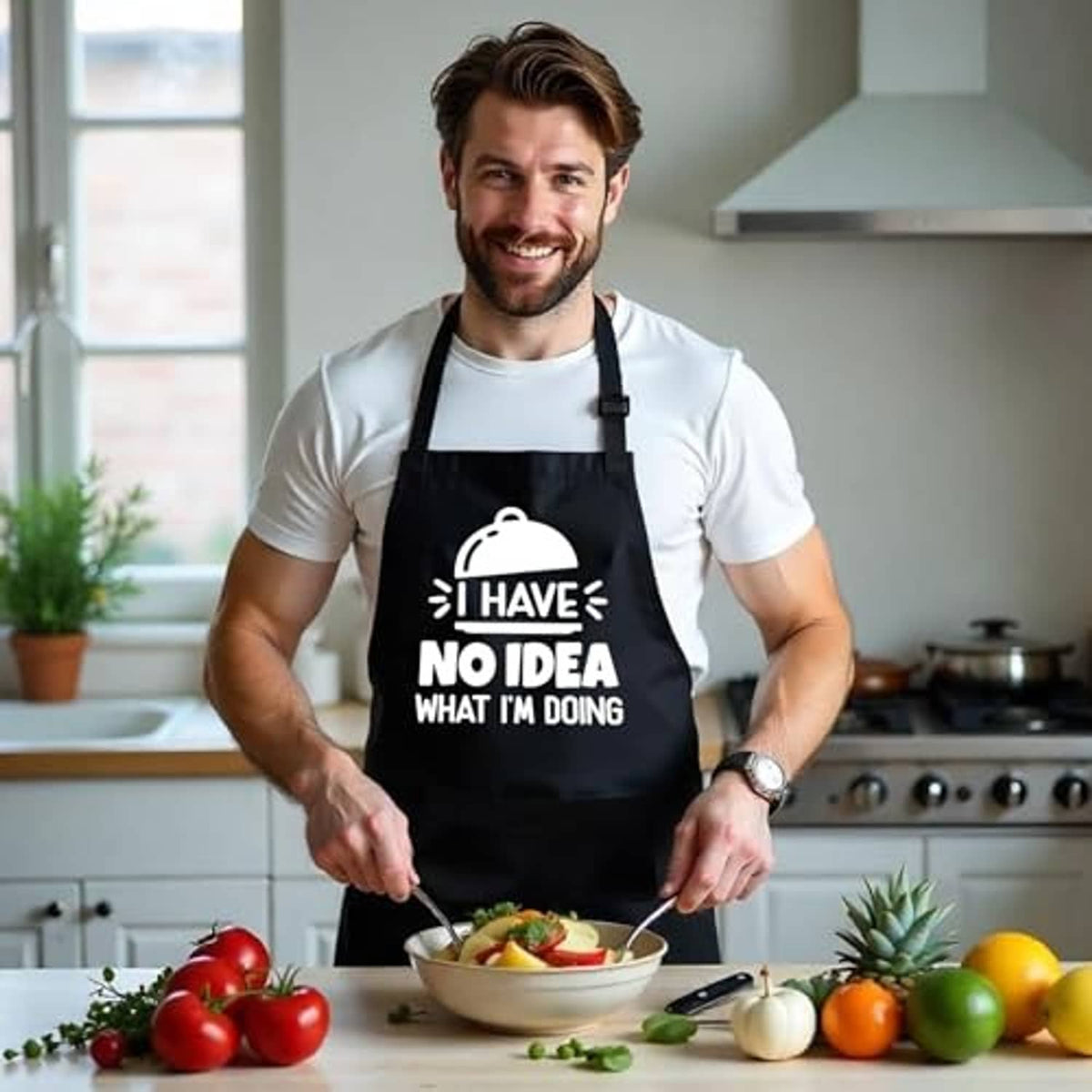 Black cooking apron on model with front pocket and "I have no idea" message