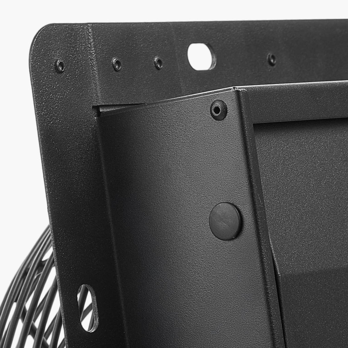 Wall-mount exhaust fan mounting plate with screw holes and round control button