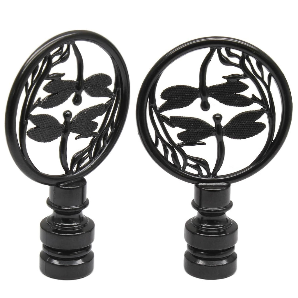 Pair of black dragonfly lamp finials with round medallion designs and threaded bases