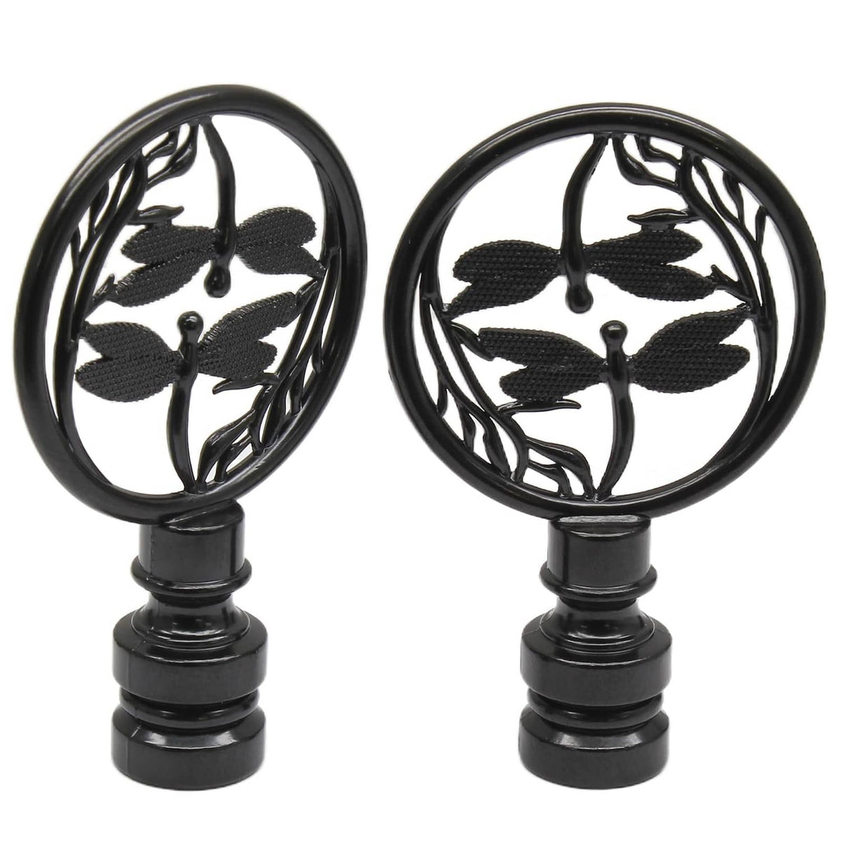 Pair of black dragonfly lamp finials with round medallion designs and threaded bases