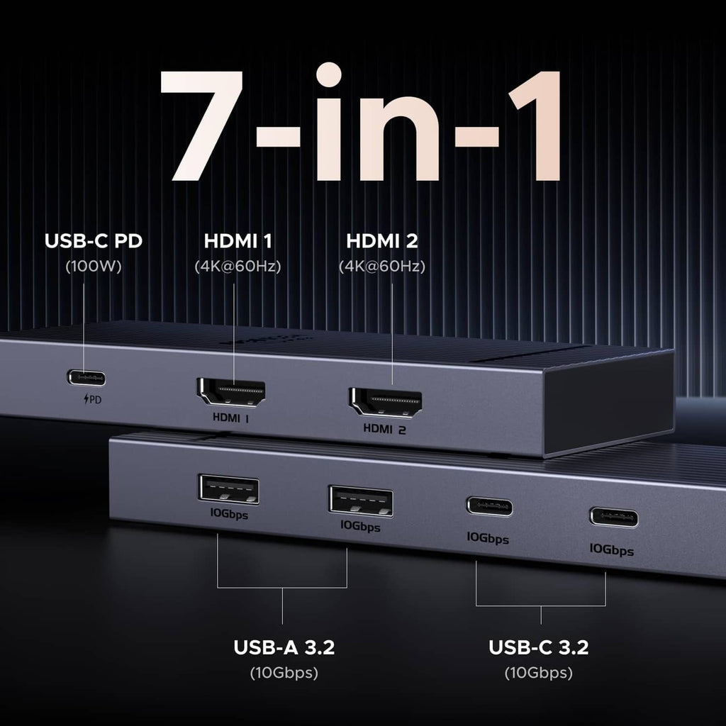 Gray 7-in-1 USB-C docking station with front HDMI and USB-C port layout