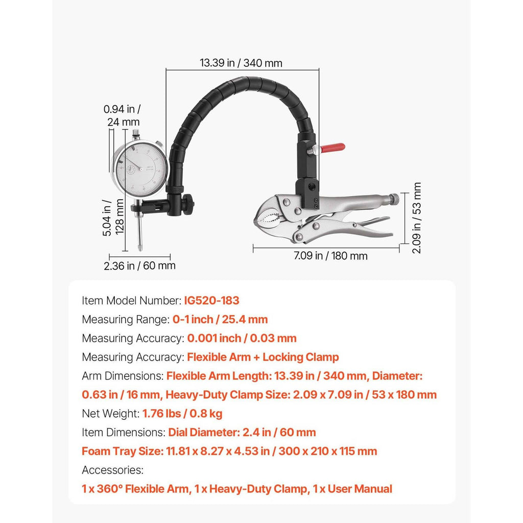 Dial test indicator with flexible arm and clamp; product size diagram with probe details