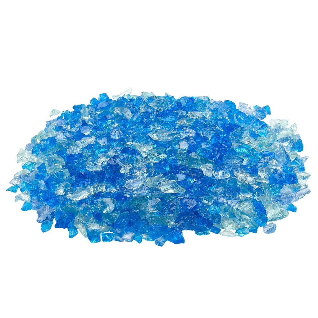 Blue fire pit glass rocks, 3/4-inch pieces, piled for fireplace or table