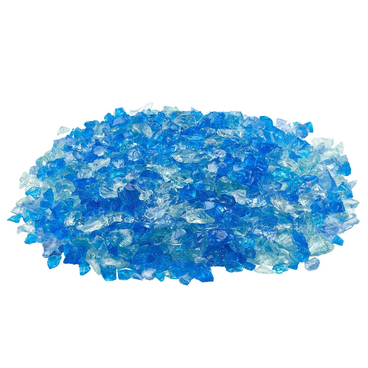 Blue fire pit glass rocks, 3/4-inch pieces, piled for fireplace or table