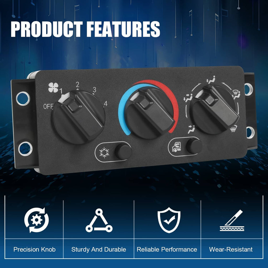 A/C climate control module panel, black face with three knobs and weather and defrost icons