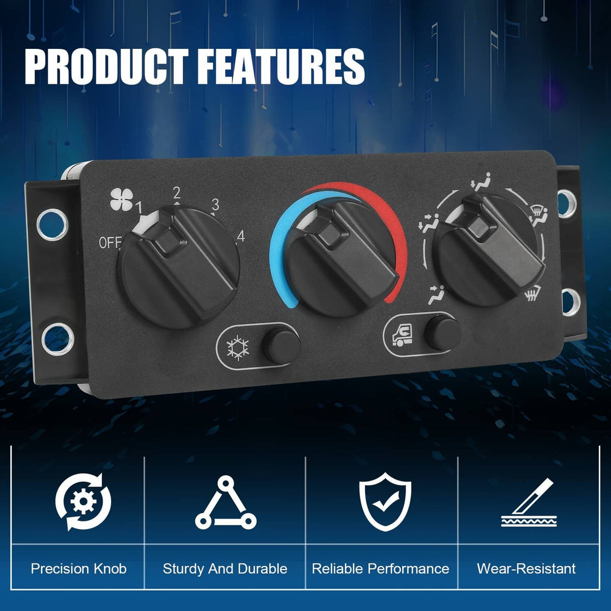 A/C climate control module panel, black face with three knobs and weather and defrost icons