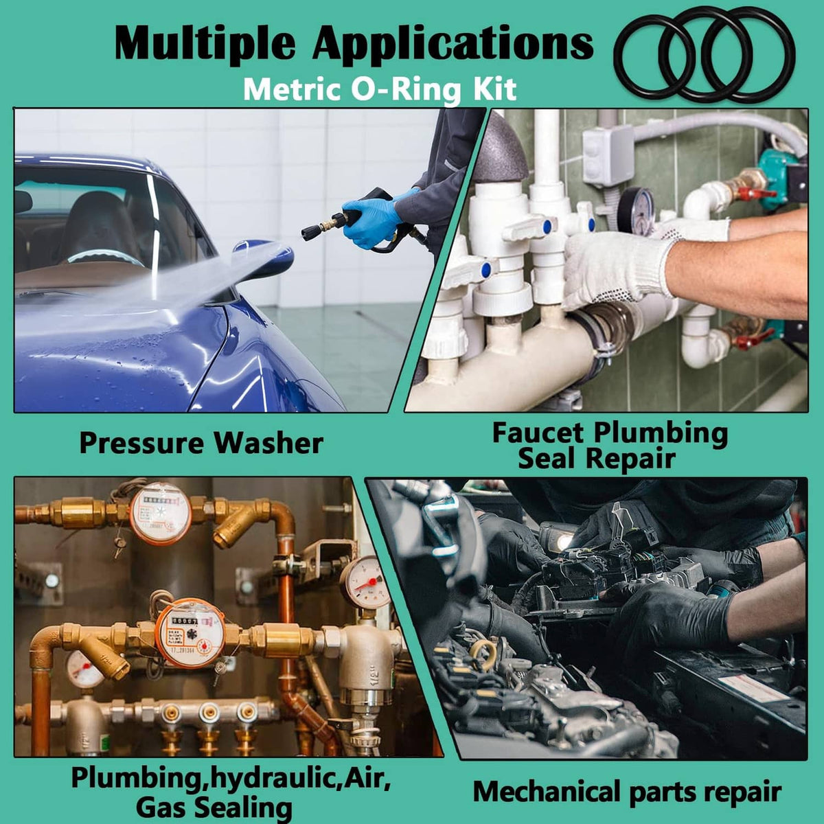 Metric O-ring kit with illustrated uses for pressure washer, faucet plumbing and repairs