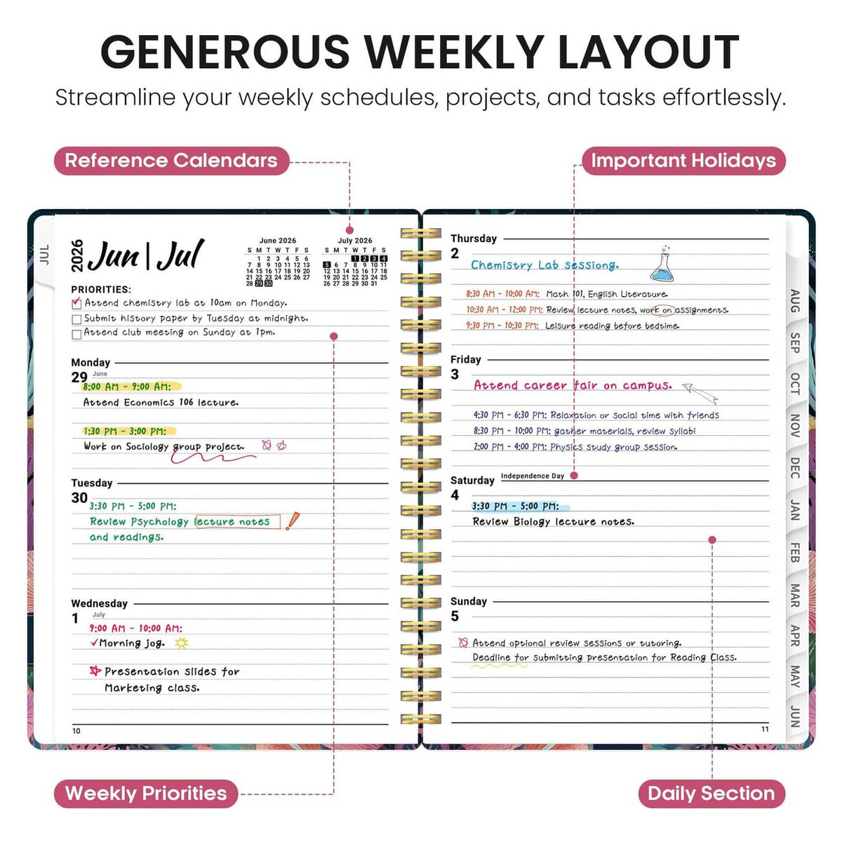 Academic planner open to weekly layout with priorities and daily schedule sections