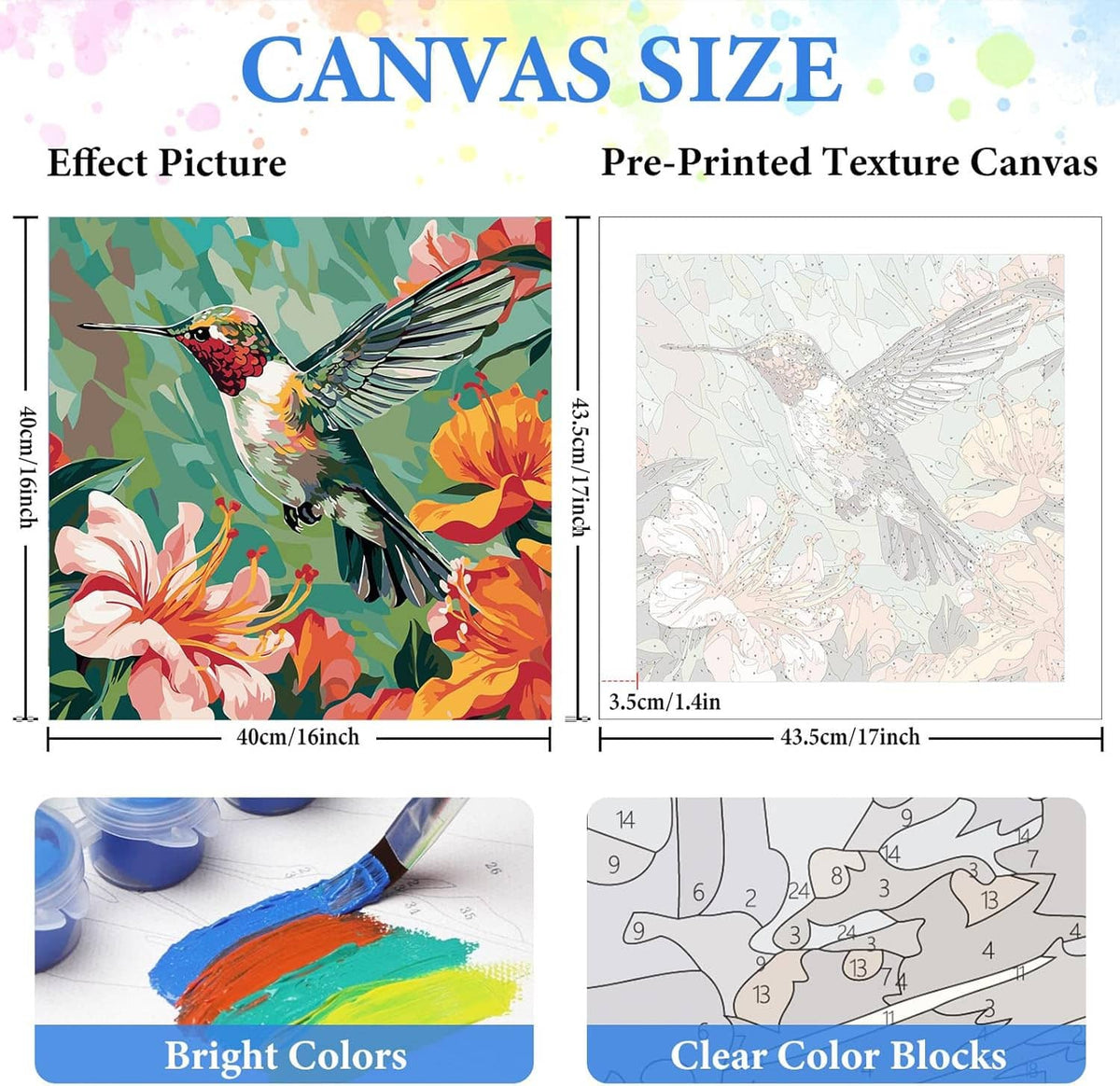 Paint-by-numbers kit canvas size guide with pre-printed texture map