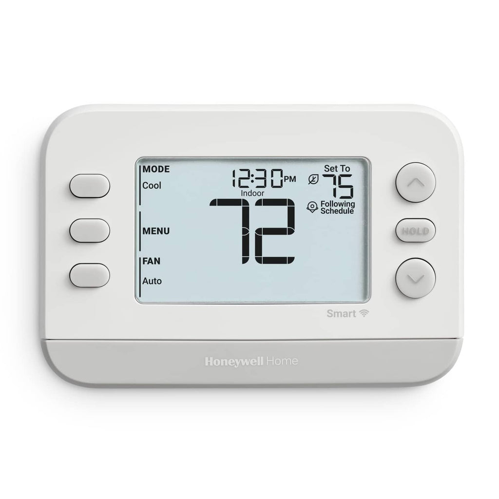 Grey smart thermostat with LCD display and side control buttons