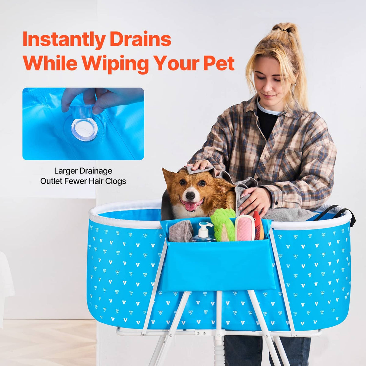 Blue foldable dog bathtub with elevated legs and front drain spout