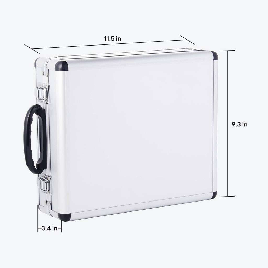 Aluminum storage case for router bit set with handle; measured dimensions shown