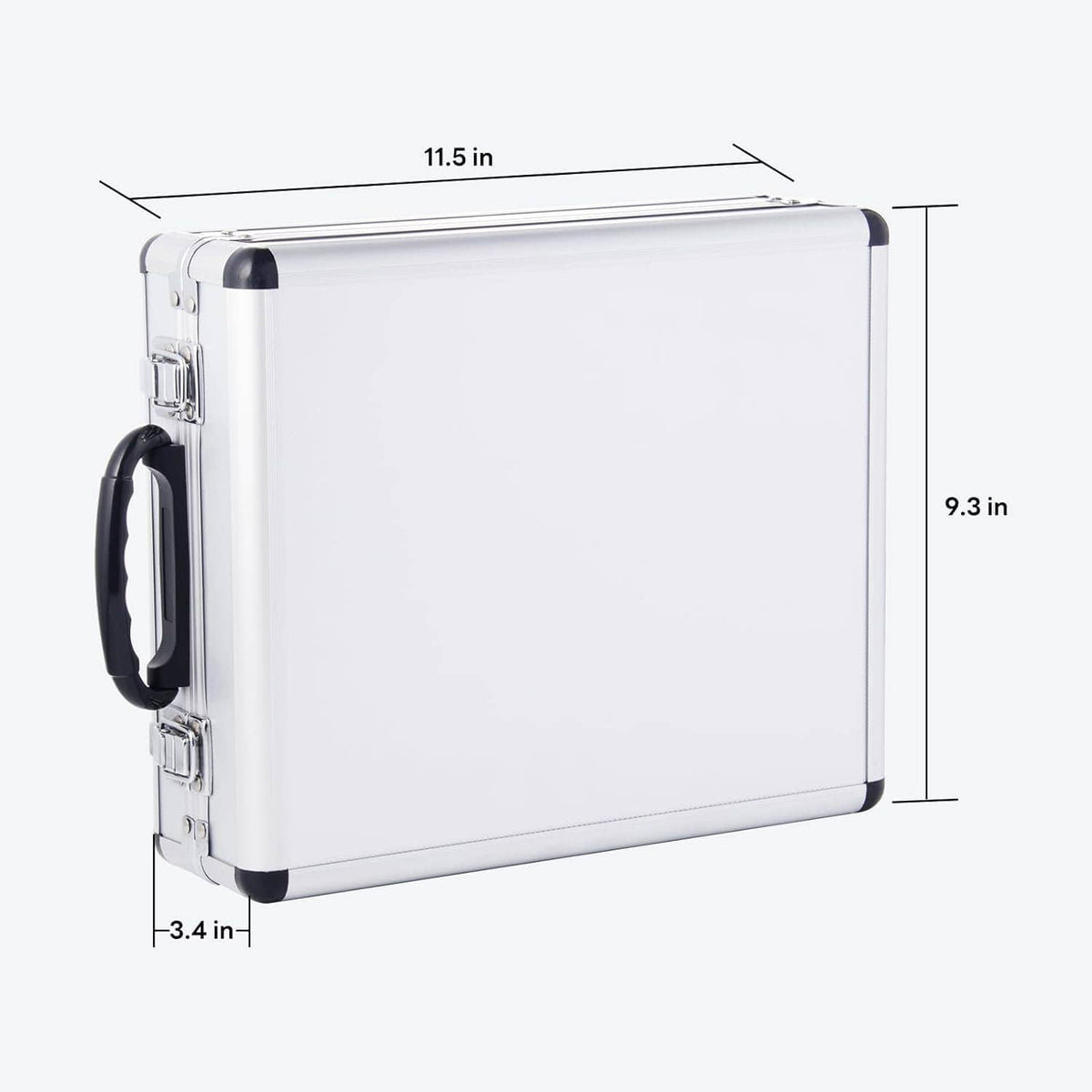 Aluminum storage case for router bit set with handle; measured dimensions shown