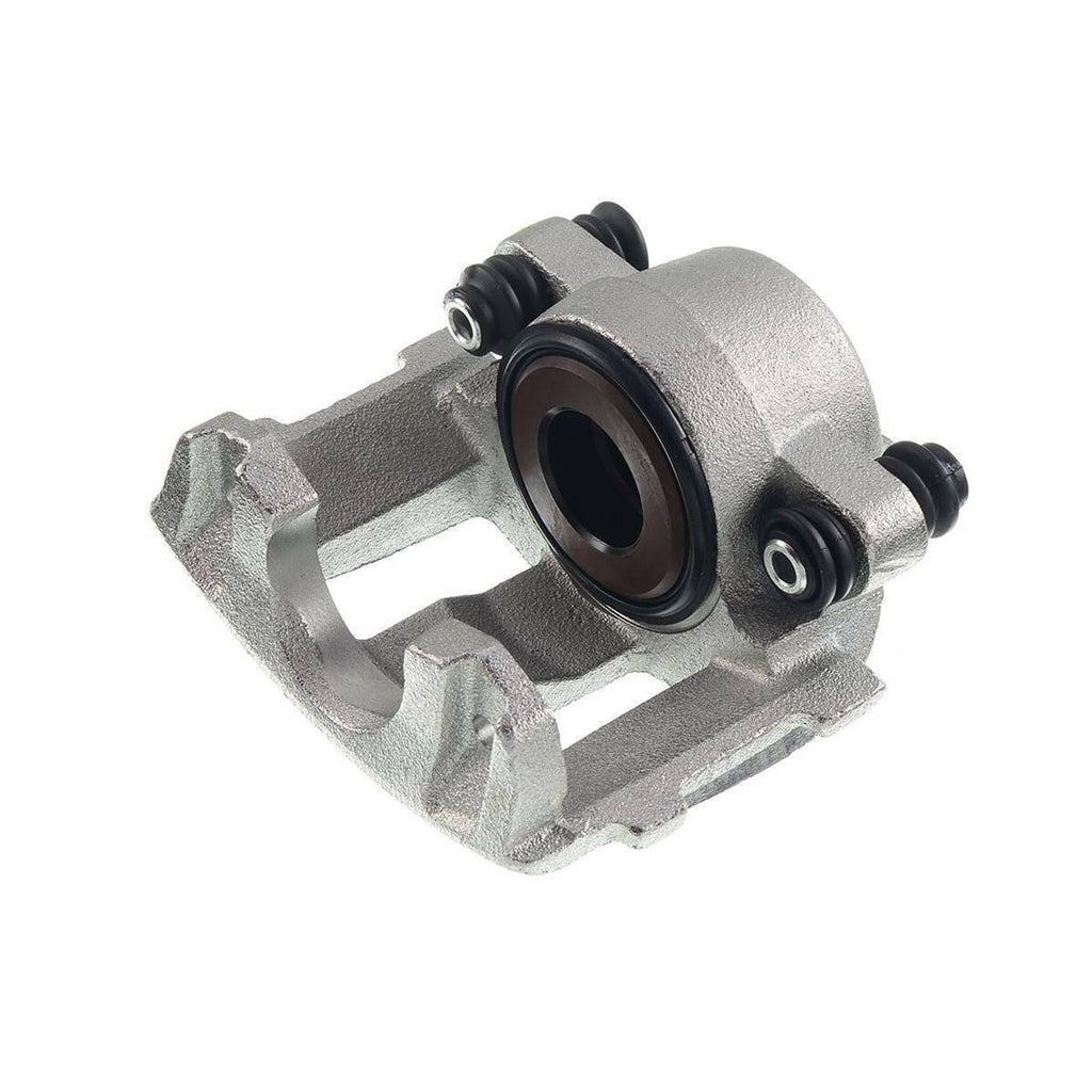 Front left brake caliper assembly with exposed bracket and black rubber seals