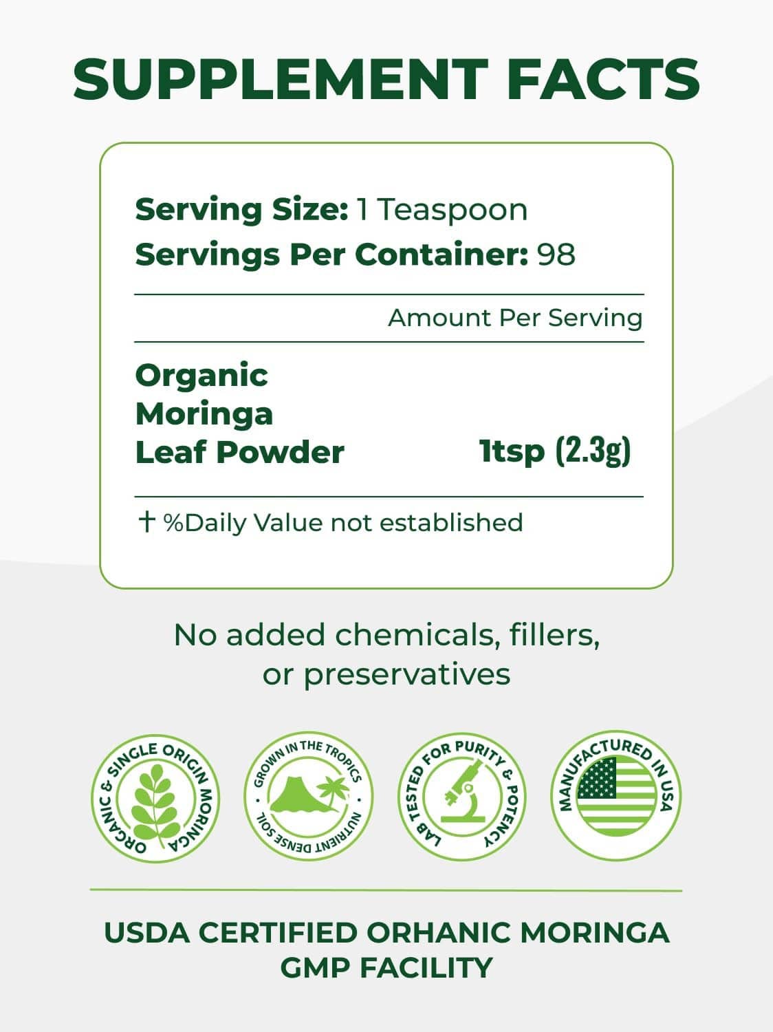 Supplement facts label for organic moringa leaf powder, 1 tsp serving (2.3 g)