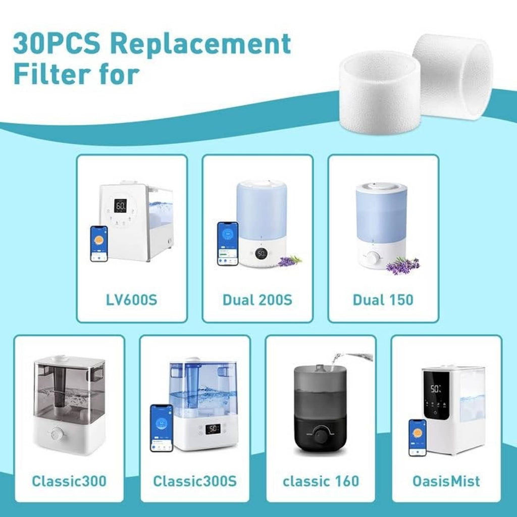 White foam humidifier filter cartridges shown with compatible model icons