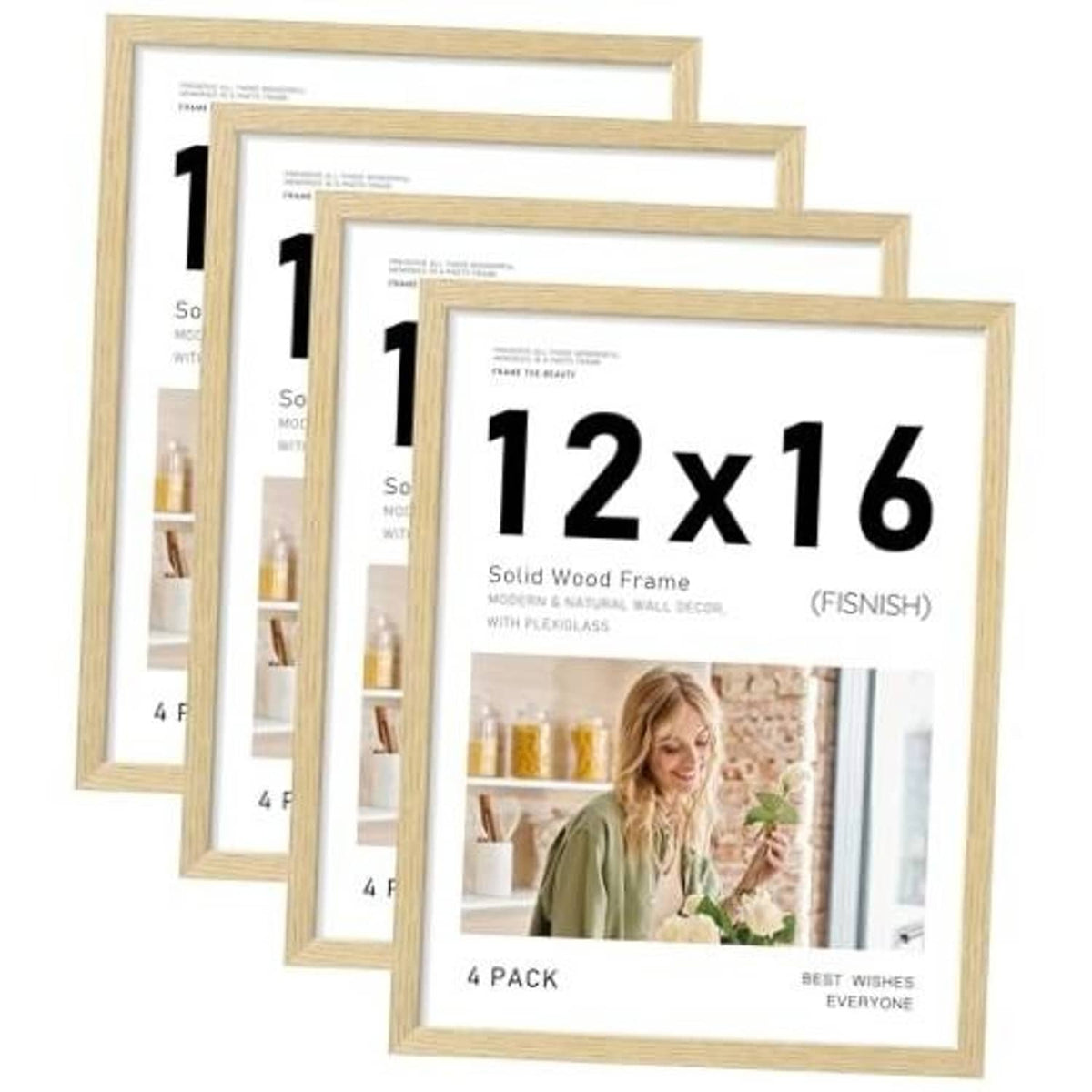 Set of 4 natural wood picture frames, 12x16 inch with clear glass front