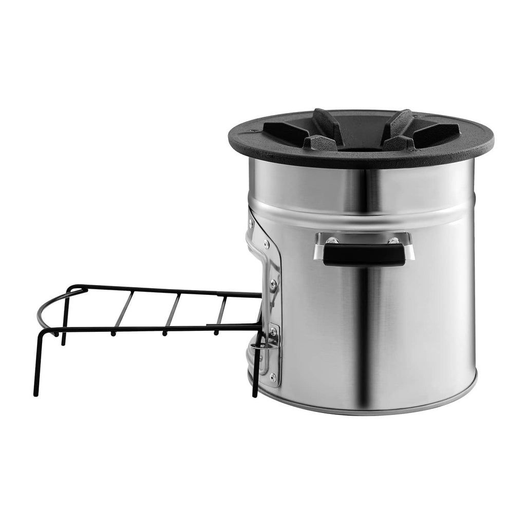 Stainless rocket stove with black top grate and side handle, folding pot stand