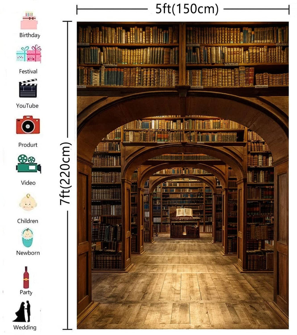 Wizard school library backdrop with size measurements and arched bookshelves