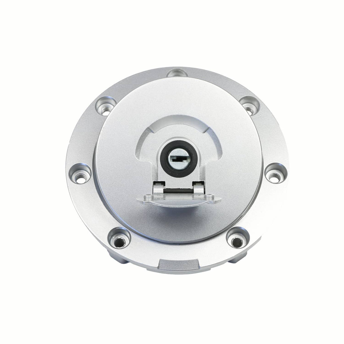 Round silver ignition lock cap with key cylinder and mounting screw holes