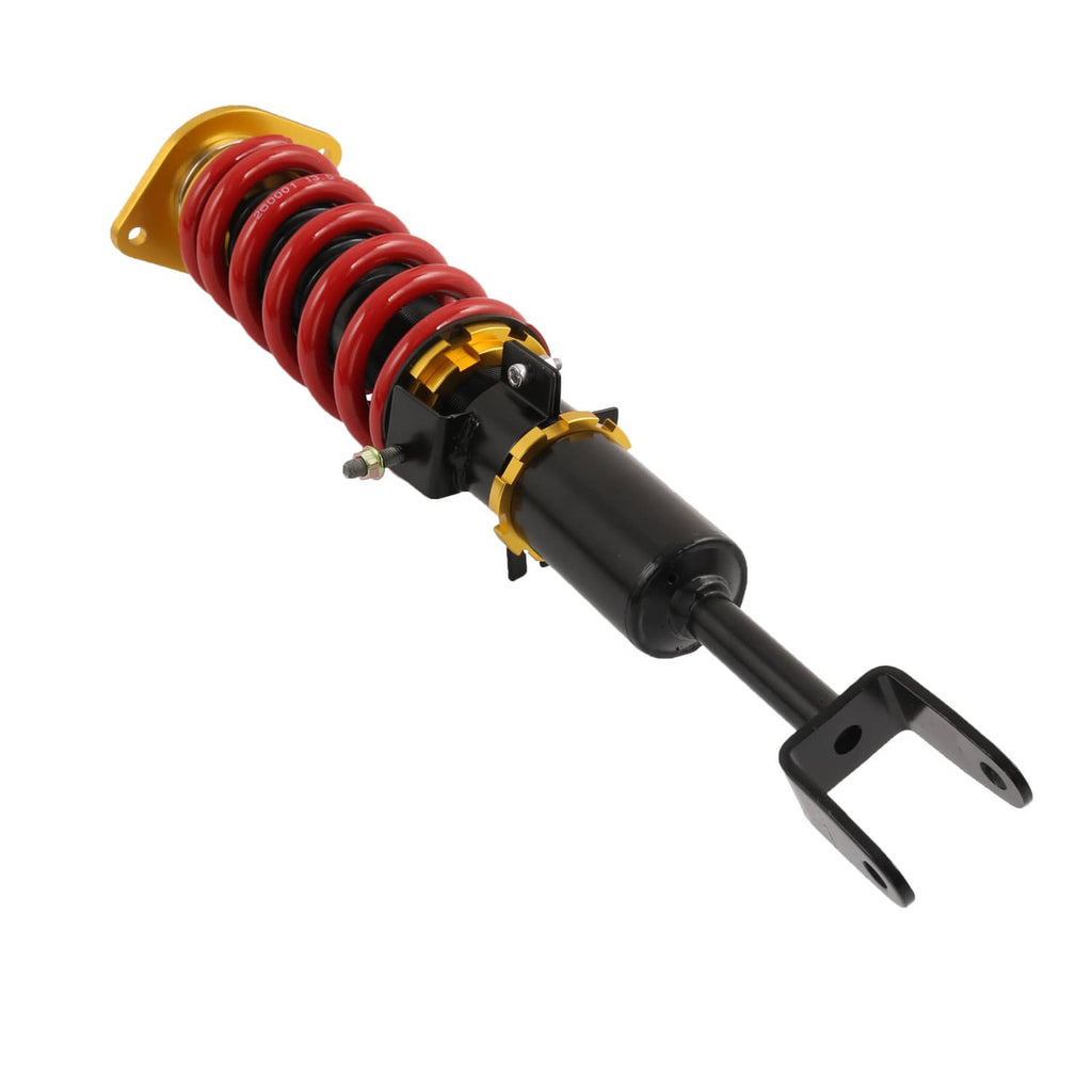 Coilover shock absorber with red spring and black lower fork bracket