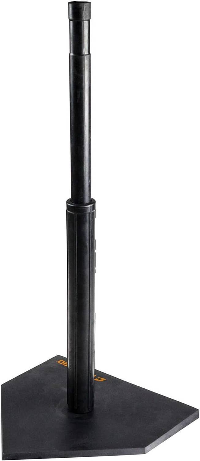 Adjustable batting tee with black vertical post and square rubber base