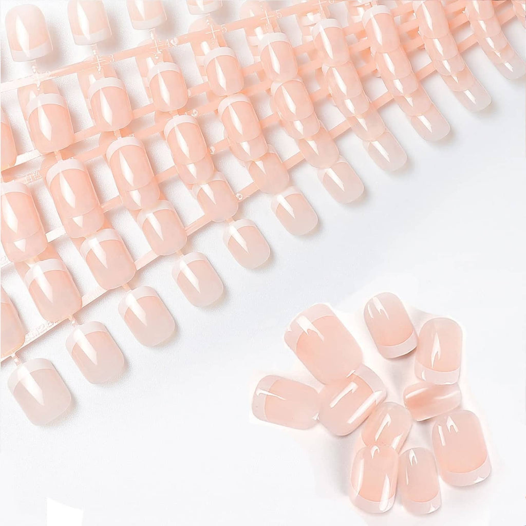 Pink short press-on nails with white French tips, glossy square shape
