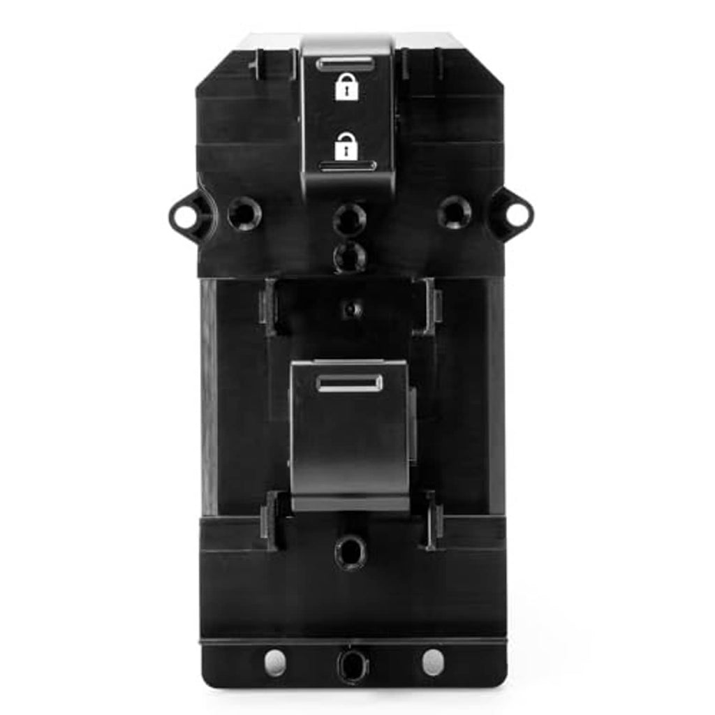 Passenger side power window switch with window lock buttons on black switch panel.
