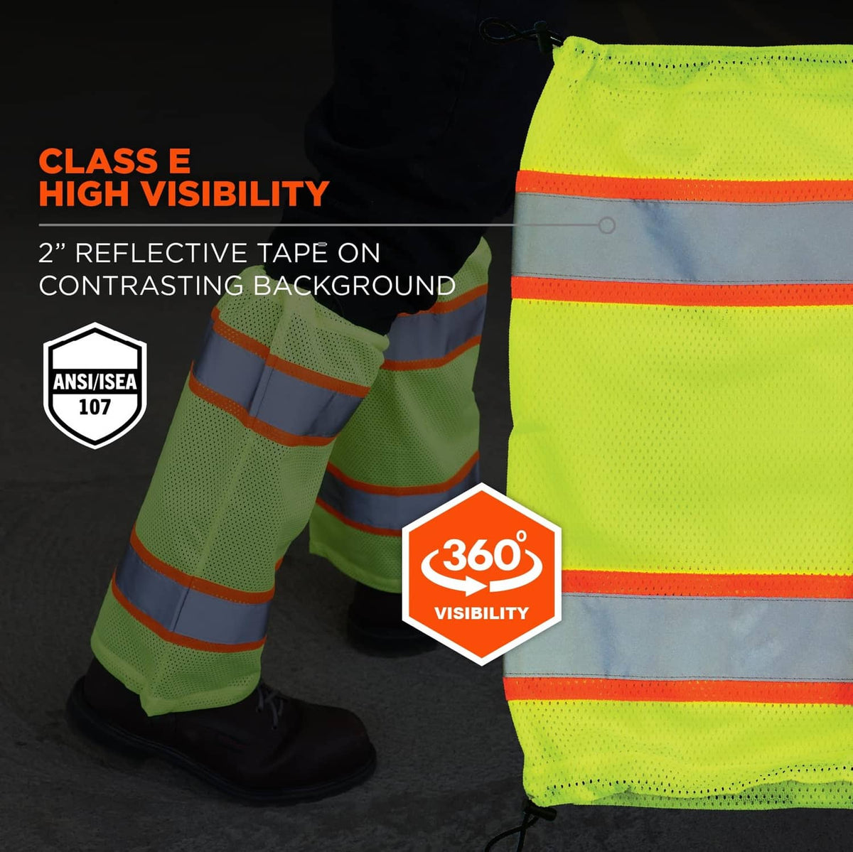 Lime leg gaiters with orange reflective bands for 360° visibility; ANSI/ISEA 107
