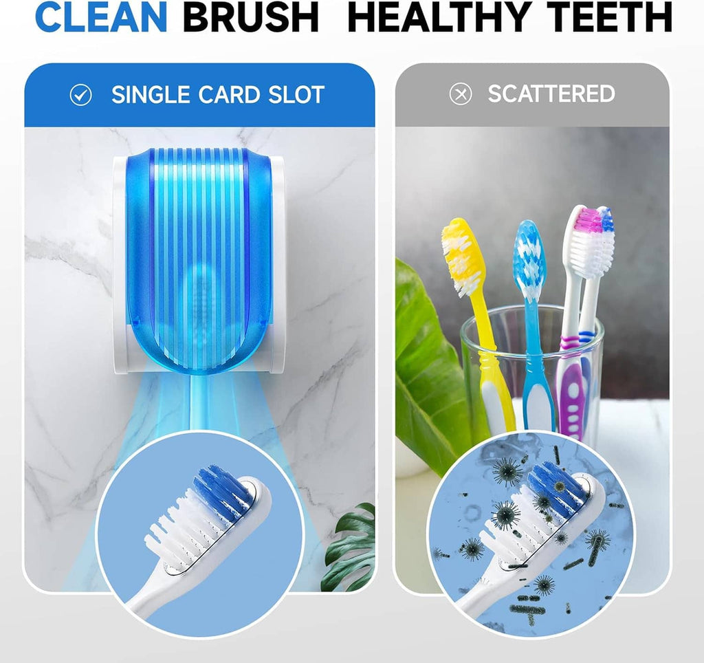 Blue toothbrush holder with single slot; comparison of covered slot vs scattered brushes