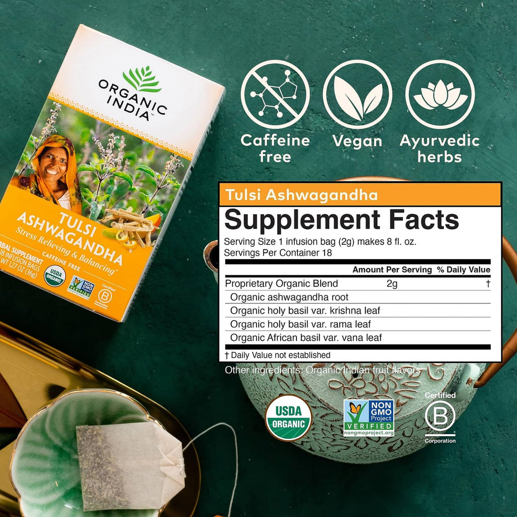 Tulsi Ashwagandha tea box with supplement facts panel and tea bag sachets.