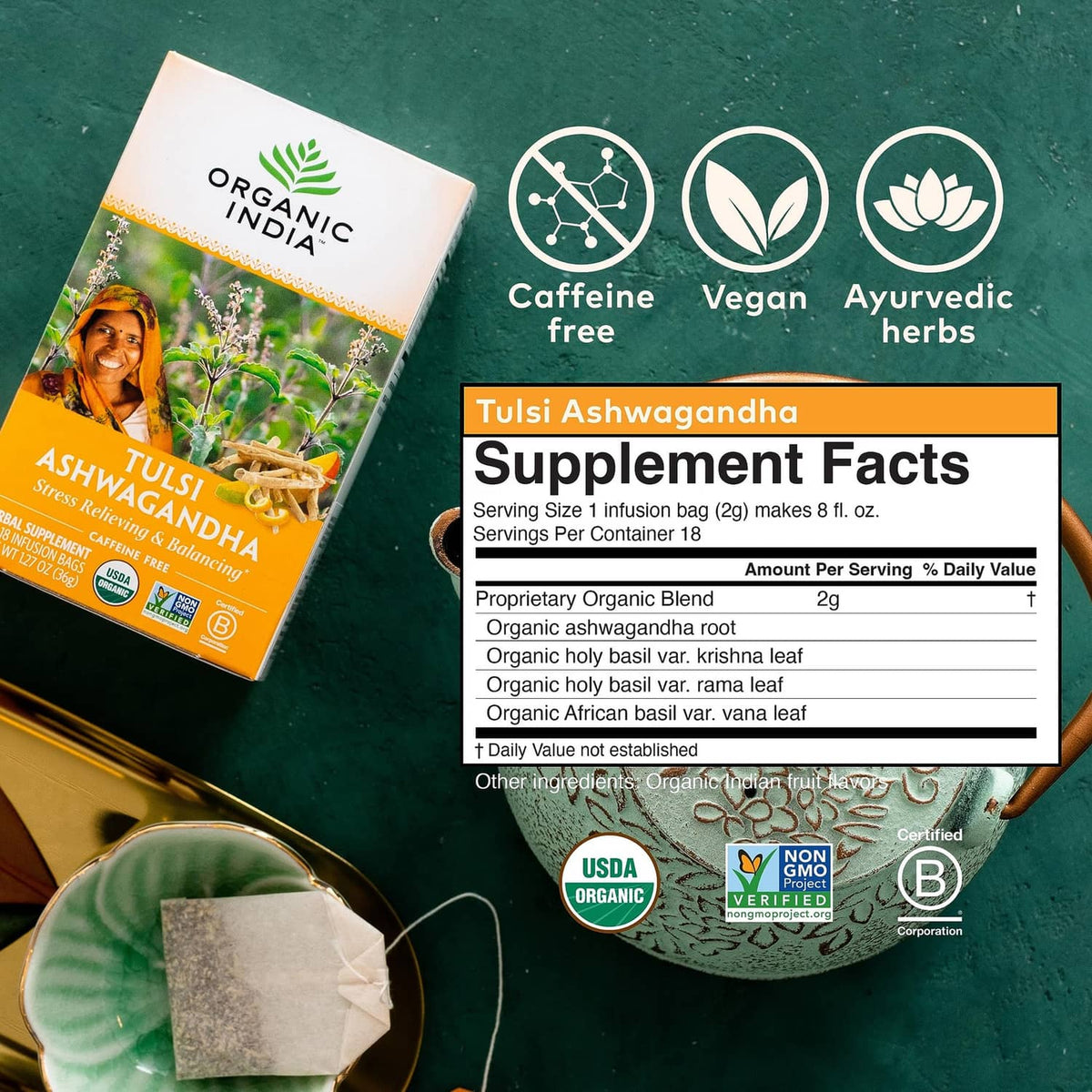 Tulsi Ashwagandha tea box with supplement facts panel and tea bag sachets.