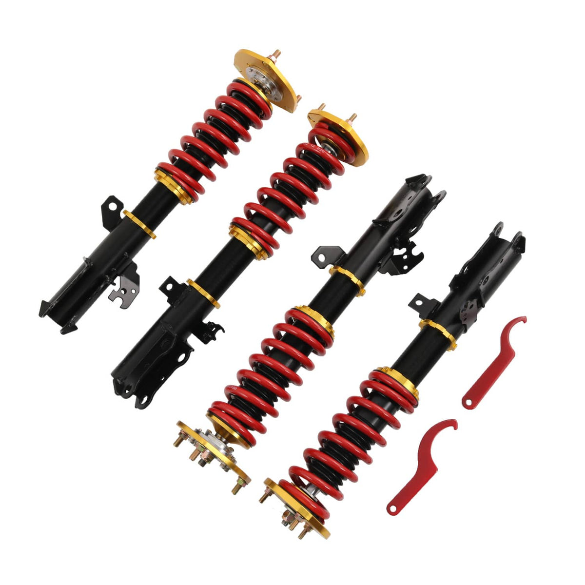 Adjustable coilover strut set with black bodies, red springs, and installation brackets