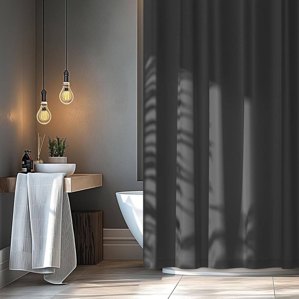 Charcoal grey waterproof shower curtain liner, full length, hanging