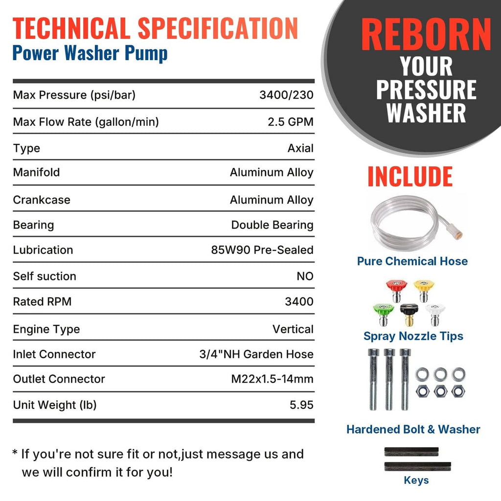 Vertical pressure washer pump with included pure chemical hose, tips, keys, and bolts
