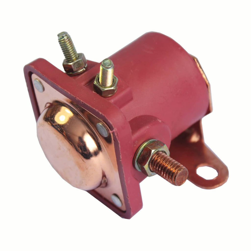 Red 12V solenoid relay with chrome housing, front screws, and side stud