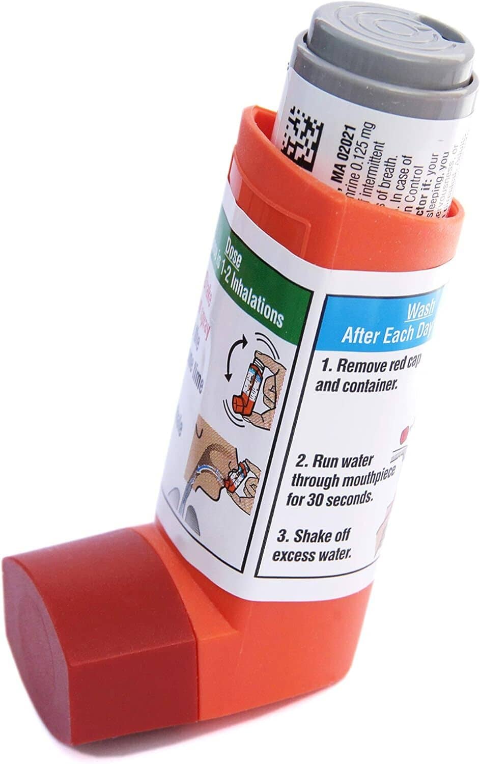 Epinephrine asthma inhaler with orange base and white label showing steps for use